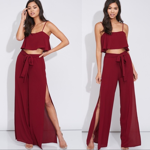 Crop Top + Slit Wide Leg Pant Matching Set - Picture 4 of 7